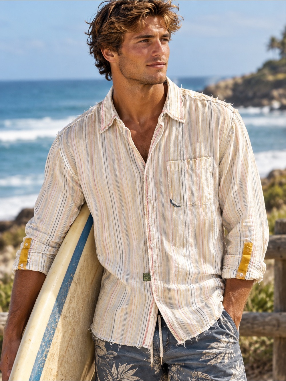 Trendy Akademiks White Button-Down Shirt Surf Board Fringe Multicolor Pinstripes